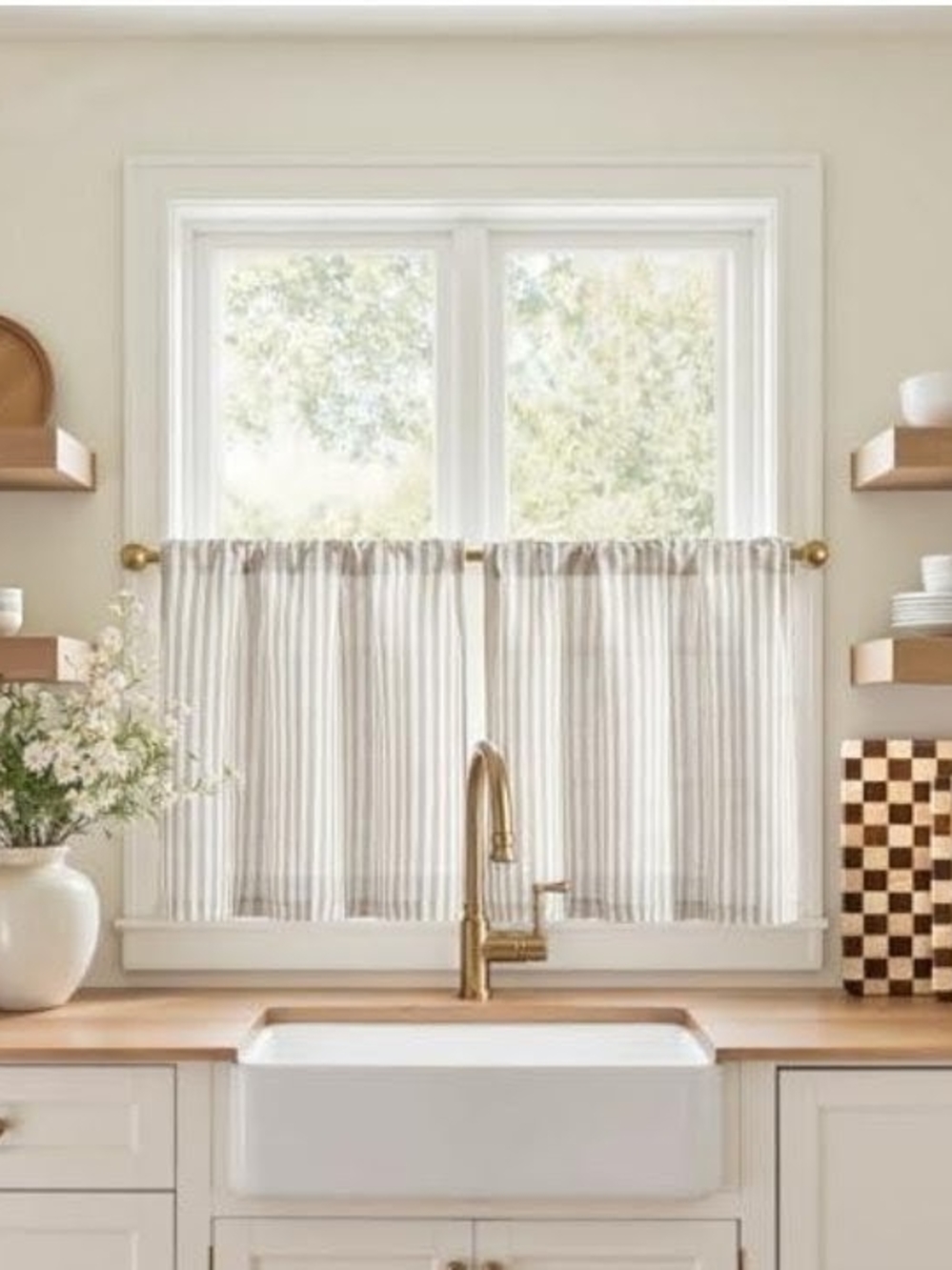 jinchan Striped Linen Kitchen Tier Curtains, 20 Inch, beige and white , 2 Panels